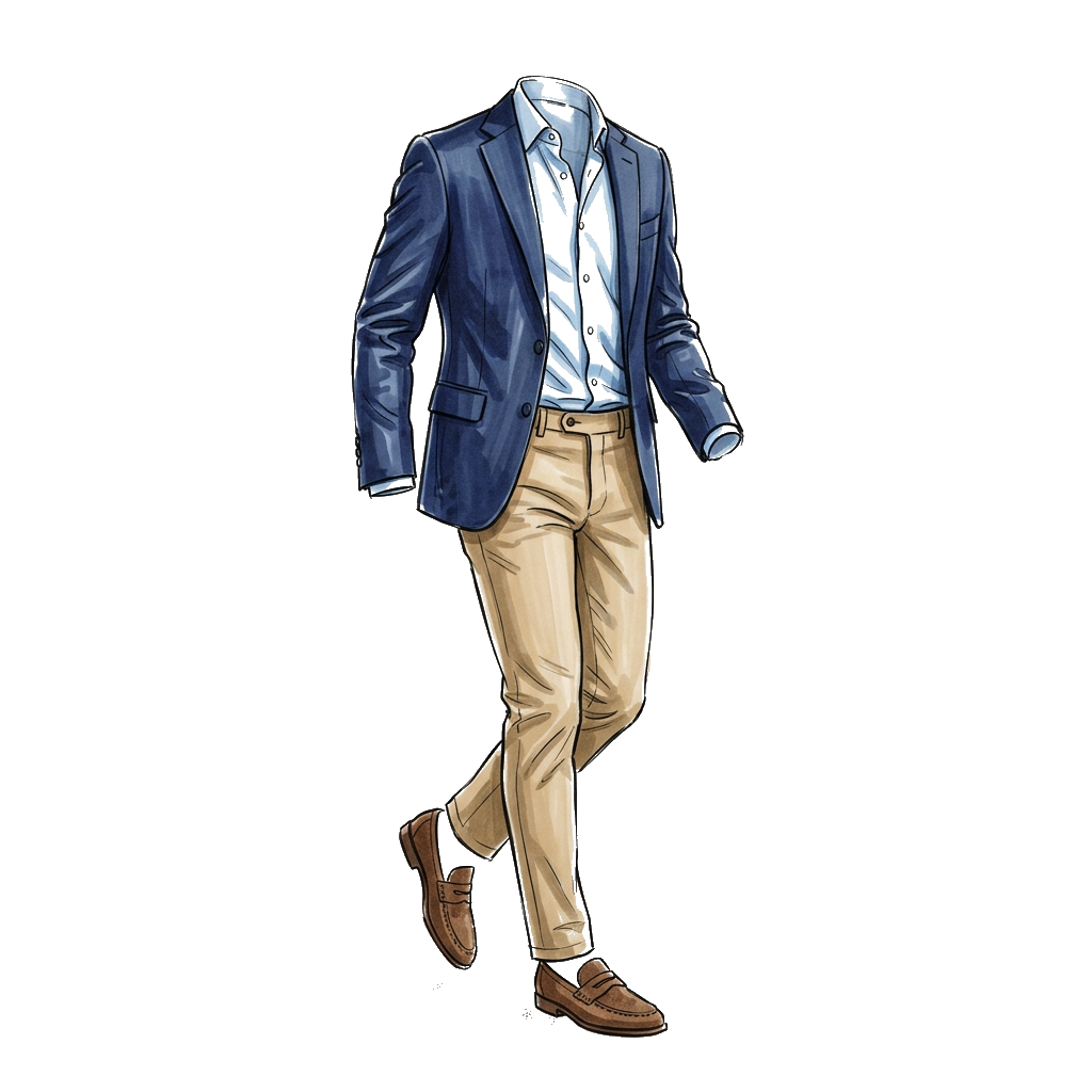 A guest in a navy blazer, chinos and brown loafers