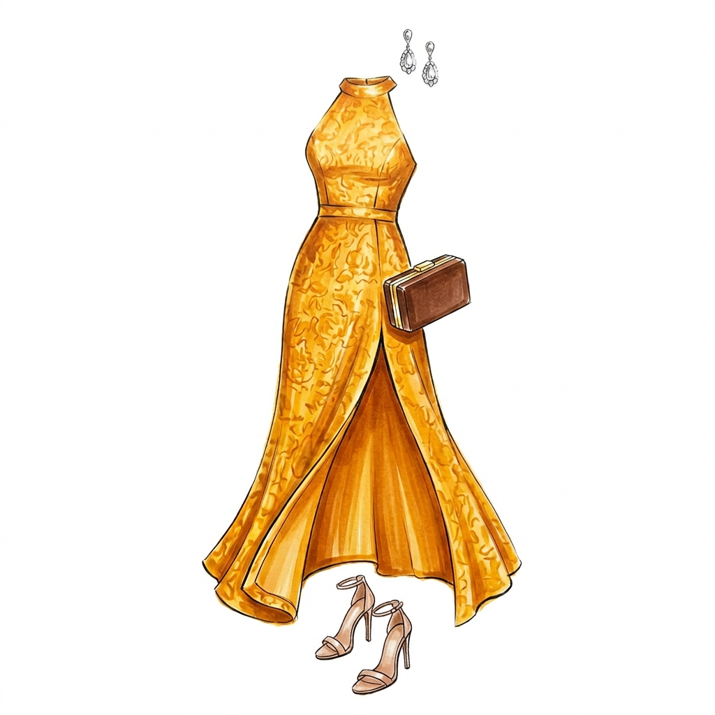 A guest in a warm orange midi dress